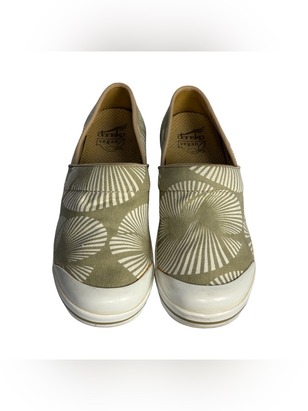 Dansko Vegan Volley Clogs Beige Canvas Shell Fan Print Slip On Size 40 US 9.5 10